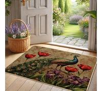 Zerbino floreale con pavone, tulipani rossi vivaci e fiori viola, tappeto per ingresso per la casa primaverile, antiscivolo, impermeabile, per interni ed esterni, facile da pulire, 73 x 43 cm