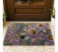 Zerbino floreale di benvenuto, viola con fiore della passione per interni ed esterni, decorazione per ingresso in gomma antiscivolo, impermeabile, resistente alla polvere, facile da pulire, 73 x 43 cm