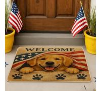 Zerbino Golden Retriever con stelle rosse e blu, per interni ed esterni, decorazione rustica, impermeabile, antiscivolo, assorbente, facile da pulire, 73 x 43 cm