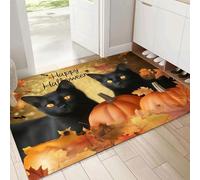 Zerbino Halloween, 40x60cm Zerbino con Disegni in Gomma, Gatto Nero Zucca Tappeto per Ingresso Interno, Fondo Antiscivolo Gommato, Facile da Pulire Rettangolare, Arancione Marrone