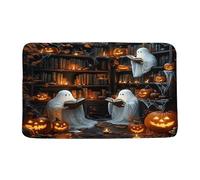 Zerbino Halloween Ghost Library Cute Ghost Bookshelf Horror Pumpkin Spooky Gothic Dark Academia Tappetino Porte Antiscivolo Flanella Tappeto D'Ingresso Per Posteriori Porte Anteriori 40X60Cm