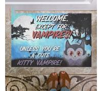 zerbino ingresso casa Benvenuti tranne che per i vampiri, a meno che tu non sia un simpatico gattino vampiro. Zerbino felice Halloween.