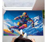 Zerbino Ingresso Casa da Esterno, 40x60 cm Tappetino Sciatori Alpini Antiscivolo e Lavabile Zerbino d'Ingresso Paesaggio Montano Innevato Ultra Assorbente Tappeto per Cane, Porta e Corridoio - Blu