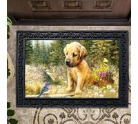 zerbino ingresso casa Zerbino con cucciolo di Golden Retriever e uccellino azzurro