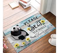 Zerbino Ingresso Funny Panda with Sunflower Sitting On The Toilet On Blue Wooden Plank Tappetino Antiscivolo Moderno Tappetini da Bagno Lavabile Tappeto Ingresso per Camera Esterno 40X60CM