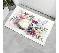 Zerbino Ingresso Interno 40X60Cm Tappeto Lavabile Antiscivolo Passatoia Corridoio Sottile Zerbino Per Porta Di Casa Cucina Ufficio, Ghirlanda Beige Ad Acquerello Gatto Siamese Animali Naturali.