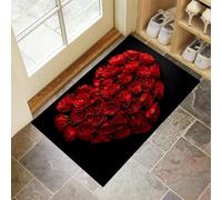 Zerbino Ingresso Interno 45 x 75 cm,Antiscivolo Assorbente Tappeto Ingresso Rose Rosse Forma Cuore,Tappetino D'Ingresso Lavabile Amore Romanticismo Fiori,Basso Profilo Zerbino Trappola Sporco