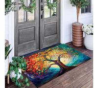 Zerbino Multicolore Albero Di Fiori Rotanti 70X100Cm Per Interni,Antiscivolo E Lavabile In Lavatrice,Tappeto Da Ingresso Stile Piante Per Pittura A Olio,Pelo Basso E Antipelo Per Porta D’Ingresso