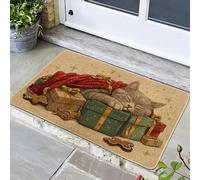 Zerbino natalizio con gatto soriano grigio che dorme sui regali, tappetino per interni ed esterni, in gomma, lavabile, antiscivolo, per decorazione festiva della porta d'ingresso, 73 x 43 cm