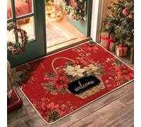 Zerbino natalizio con motivo floreale e stella di Natale rossa, zerbino di benvenuto per interni ed esterni, decorazione rustica, in gomma, impermeabile, antiscivolo, antipolvere, assorbente, facile