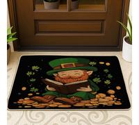 Zerbino nero anteriore con gnomo per il giorno di San Patrizio per esterno interno ingresso 29 x 17, semplice folletto trifoglio zerbino ultra sottile per esterni, piccolo divertente stampa di scarpe