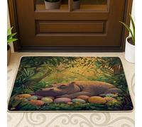 Zerbino nero anteriore con ippopotamo pasquale primaverile, ingresso interno 29 x 17, foresta animali selvatici uova, zerbino antiscivolo per esterni, piccolo paesaggio con stampa paesaggio, patio