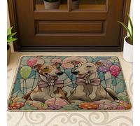 Zerbino nero anteriore con levriero pasquale primaverile per ingresso esterno interno 63 x 43 cm, zerbino antiscivolo per esterni con uova in vetro colorato e cucciolo, piccolo divertente stampa