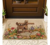 Zerbino nero con asino pasquale primaverile davanti all'ingresso esterno interno 29 x 17, uova di campagna, fiori animali per esterni, antiscivolo, piccolo divertente stampa fattoria patio garage