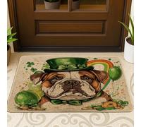 Zerbino nero con bulldog per il giorno di San Patrizio, per esterni e interni, 63 x 43 cm, divertente e carino cucciolo di cucciolo antiscivolo, piccolo trifoglio con stampa di animali domestici