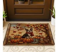 Zerbino nero con cane Boston Terrier autunnale per ingresso esterno interno 73 x 43 cm, zerbino lavabile per esterni con zucca autunnale, piccolo raccolto, patio, garage, scarpe fuori porta