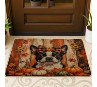Zerbino nero con cane Boston Terrier autunnale rustico esterno interno ingresso 73 x 43 cm, zerbino in legno lavabile per esterni, piccolo tappeto fresco per patio garage scarpe fuori porta