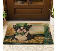 Zerbino nero con cane Boston Terrier per il giorno di San Patrizio esterno interno ingresso 63 x 43 cm, zerbino ultra sottile per esterni, con stampa arcobaleno di scarpe fuori porta per patio