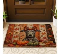 Zerbino nero con cane levriero autunnale in stile rustico, esterno e interno, 73 x 43 cm, zerbino in legno lavabile per esterni, piccolo tappeto da garage per patio