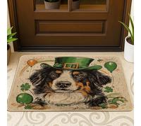 Zerbino nero con cane pastore australiano per il giorno di San Patrizio per esterni e interni all'ingresso, 73 x 43 cm, divertente e carino cucciolo zerbino antiscivolo per esterni, piccolo trifoglio