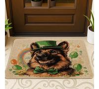 Zerbino nero con cane pastore tedesco per il giorno di San Patrizio per esterni e interni 63 x 43 cm, divertente e carino cucciolo zerbino antiscivolo per esterni, piccolo trifoglio con stampa di