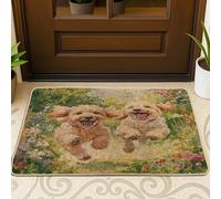 Zerbino nero con disegno di cane con scarabocchiare dorato primaverile, per esterni e interni, 63 x 43 cm, con graziosi fiori floreali per interni ed esterni, zerbino ultra sottile per piccoli animali