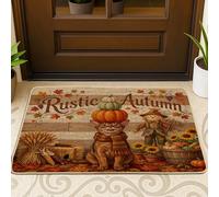 Zerbino nero con gatto autunnale abissino anteriore esterno interno ingresso 73 x 43 cm, autunno rustico fattoria raccolto zerbino lavabile per esterni, piccolo spaventapasseri patio garage scarpe