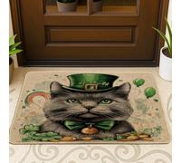 Zerbino nero con gatto blu russo per il giorno di San Patrizio per esterni e interni 63 x 43 cm, divertente gattino carino zerbino antiscivolo per esterni, piccolo trifoglio con stampa di animali