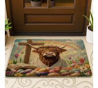 Zerbino nero con motivo pasquale, motivo mucca, per esterni e interni, 73 x 43 cm, retro croce uova, animali da esterno, ultra sottile, con stampa di scarpe da campagna, per patio