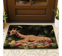 Zerbino nero con motivo primaverile con giraffa pasquale e fauna selvatica, per esterni e interni, 73 x 43 cm, motivo uova di animali selvatici della foresta, ultra sottile, con stampa di piccoli