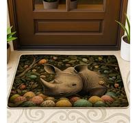 Zerbino nero con motivo rinoceronte primaverile pasquale e fauna selvatica, per esterni e interni, 73 x 43 cm, motivo uova di animali selvatici della foresta, zerbino ultra sottile, con stampa di