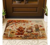 Zerbino nero con mucca delle Highland autunnali, per ingresso esterno e interno, 73 x 43 cm, con gnomo autunnale e raccolto per esterni, ultra sottile, con stampa di scarapasseri di campagna, per