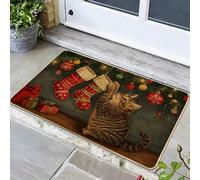 Zerbino per gatti di Natale, motivo: gattino festivo per ingresso esterno ed interno, decorazione per vacanze invernali in gomma, lavabile, antiscivolo, per porta d'ingresso, 29 x 17 cm
