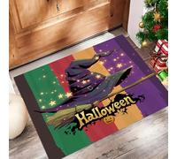 Zerbino Per Ingresso Lavabile Pelo Corto Cappello Da Strega A Strisce, Graffiti Di Halloween Tappetino Antiscivolo, Zerbini Di Benvenuto Per Porta Ingresso, Tappeto Assorbente, Verde Viola, 80X120Cm