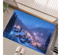 Zerbino Per Ingresso Lavabile Pelo Corto, Villaggio Cielo Notturno Tappetino Antiscivolo, Zerbini Di Benvenuto Montagne Innevate Foreste, Piccolo Tappeto Bagno Morbido Assorbente Blu Profondo 50X80Cm