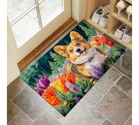 Zerbino Per Interni Corgi Nel Giardino Fiorito 45 X 75 Cm Zerbino Antiscivolo Interno Tappetino Durevole Ultra Assorbente, Per Portico, Interno, Soggiorno, Colori Misti Animali Realistici