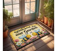 Zerbino per interni e casa, con scritta "Welcome to our garden: A Joyful Bee Gathering", zerbino di benvenuto per porta d'ingresso, tappetino autunnale per esterni (40 x 60 cm)