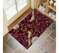 Zerbino Per Interni Uccello Fiore Orientale 50X80Cm, Antiscivolo Lavabile Lavatrice, Tappeto Da Ingresso Giardino Di Peonie Di Lusso, Tappetino Pelo Basso Antipelo Per Porta D’Ingresso, Rosso Dorato