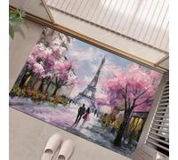 Zerbino Per Porta D'Ingresso Pittura Di Strada A Parigi Fiori Di Ciliegio, 50X80Cm A Basso Profilo, Tappeto Morbido Antiscivolo, Per Animali Domestici Cucina Interni Decorazione, Azzurro Polvere