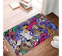 Zerbino per porta d'ingresso resistente e morbido, con motivo astratto disegnato a mano a tema musicale: microfono, batteria, tastiera, Stradivari. Adatto per interni ed esterni, con suola in gomma, 4