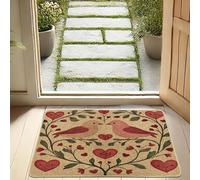 Zerbino primaverile con uccellini d'amore, tappetino rustico, con cuori rossi, per ingresso esterno e interno, decorazione vintage, antiscivolo, impermeabile, antipolvere