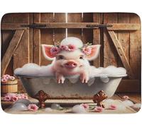 Zerbino Rustic Smiling Funny Animal with Flower Wreath in Bubble Bath Weathered Cottage Barn Bagno Tappeto Assorbente Lavabile Zerbino Ingresso Casa, per Doccia, Lavanderia, Cucina, 40x60cm