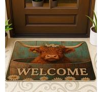 Zerbino rustico con mucca delle Highlands, con accenti floreali, per ingresso esterno e interno, decorazione per casale, tappetino antiscivolo, facile da pulire, 73 x 43 cm