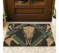 Zerbino rustico con teschio di toro, beige e verde acqua, tappetino per ingresso per interni ed esterni, stile sud-occidentale, antiscivolo e facile da pulire, 73 x 43 cm