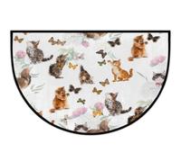 Zerbino semicircolare antiscivolo con gattino e farfalla | Zerbino lavabile a mezza luna, decorazione per la casa per ingresso cucina esterno interno 61 x 91 cm