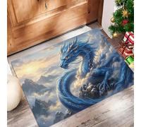 Zerbino - Stile Fantasy Zerbino Morbido Per Ingresso E Interno, TPR Fondo Antiscivolo, Facile Da Pulire - Rettangolare - Incantevole Drago Blu Dalle Squame Argentate Tappeto