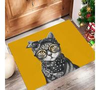 Zerbino - Stile Retrò Zerbino Morbido Per Ingresso E Interno, TPR Fondo Antiscivolo, Facile Da Pulire - Rettangolare - Gatto Disegnato Mano Con Un Foulard In Testa Tappeto