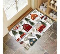 Zerbino Trappola Sporco, Casa Natale Modello Treno Rosso Tappetino Antiscivolo Lavabile in Lavatrice,Illustrazione Una Città Invernale Zerbino d'Ingresso per Cane, Ingresso, Port,Rosso,45 x 75 cm