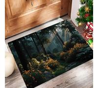 Zerbino Verde Foresta Illuminata Dal Mattino 50X80Cm Per Interni, Antiscivolo E Lavabile In Lavatrice, Tappeto Da Ingresso Stile Paesaggio Da Sogno, Pelo Basso E Antipelo Per Porta D’Ingresso