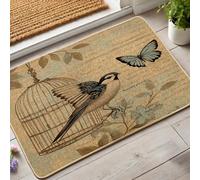 Zerbino vintage a forma di gabbia per uccelli, blu con uccelli e farfalle, tappetino per interni ed esterni, decorazione rustica per la casa, antiscivolo, impermeabile, assorbente, facile da pulire